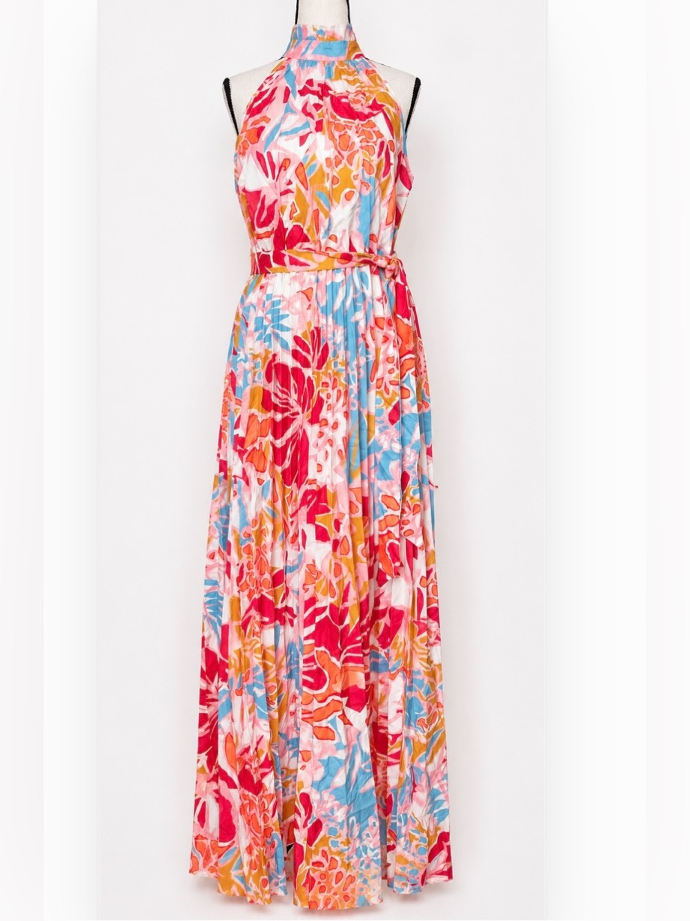 Pleated Floral Halter Maxi Dress Tropical Vacation Beach Flowy Chic Sun Dress M